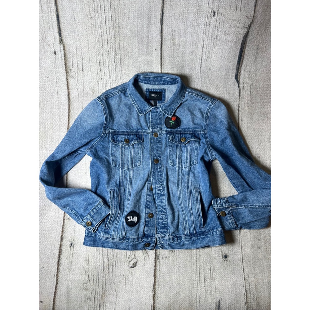 Forever 21 Denim Jacket Men Medium Blue Patchwork Embroidered Streetwear‎ Y2K